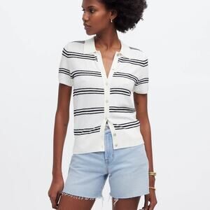 MADEWELL Polo Sweater Stripe Tee Bright Ivory Black Short Sleeve Women's M